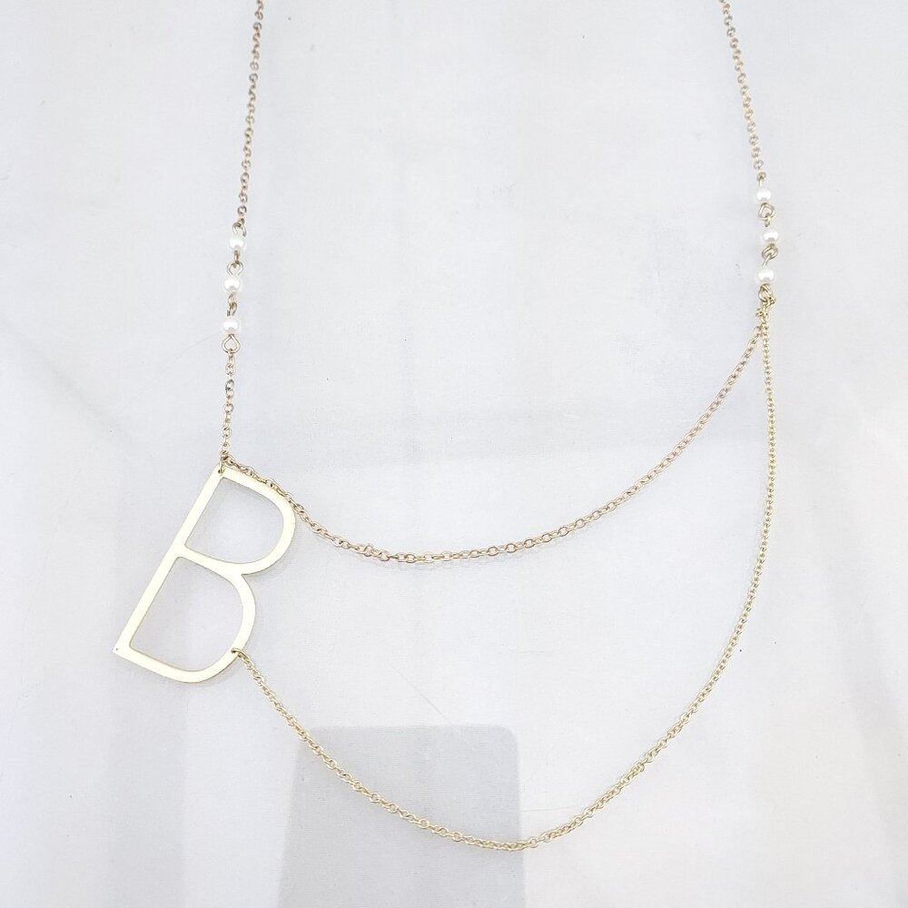 "B" Necklace Alphabet Big Initial B Pendant Gold Tone with double Chain